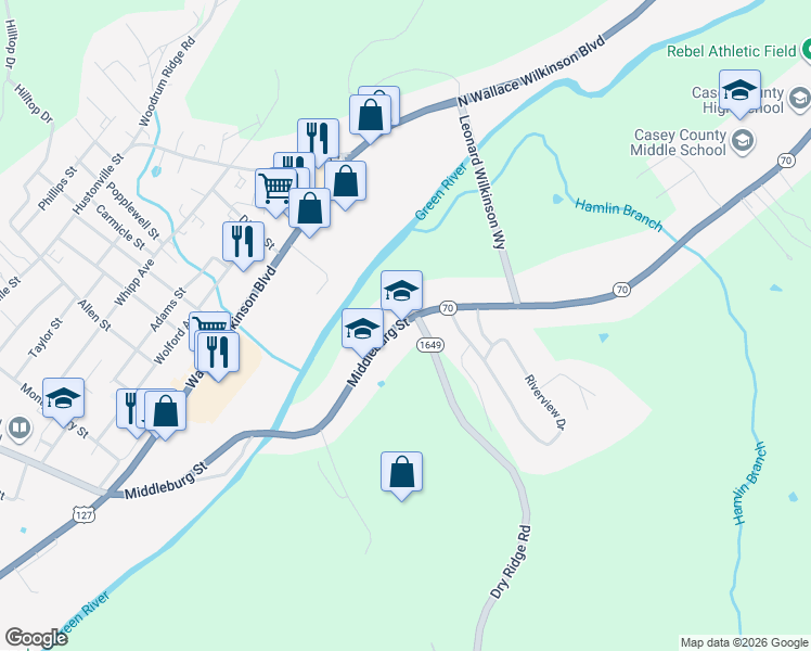 map of restaurants, bars, coffee shops, grocery stores, and more near 1841 Kentucky 70 in Liberty