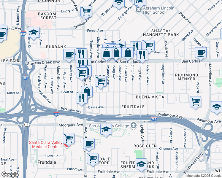 map of restaurants, bars, coffee shops, grocery stores, and more near 480 Raymond Avenue in San Jose