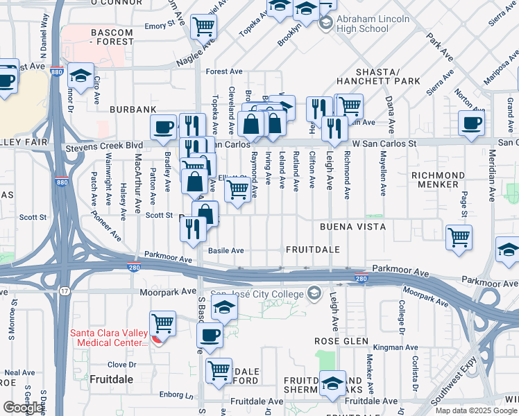 map of restaurants, bars, coffee shops, grocery stores, and more near 480 Raymond Avenue in San Jose