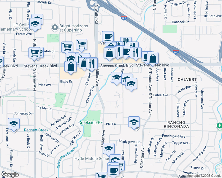map of restaurants, bars, coffee shops, grocery stores, and more near 10200 Miller Avenue in Cupertino