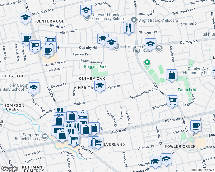 map of restaurants, bars, coffee shops, grocery stores, and more near 3049 Yancy Drive in San Jose