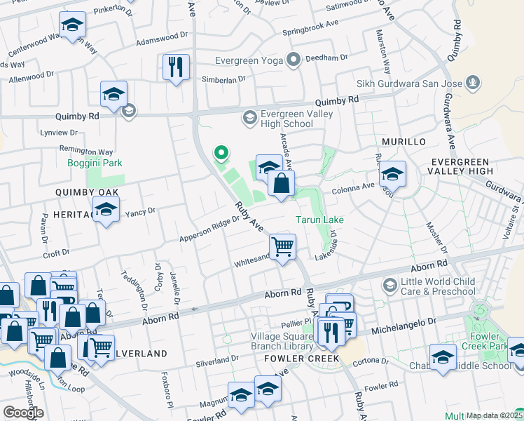 map of restaurants, bars, coffee shops, grocery stores, and more near 3198 Vintage Crest Drive in San Jose