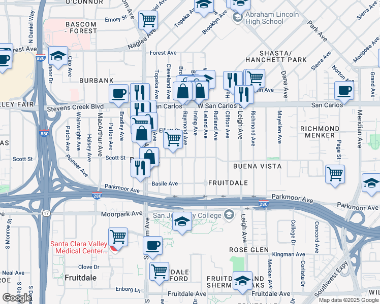 map of restaurants, bars, coffee shops, grocery stores, and more near 480 Raymond Avenue in San Jose