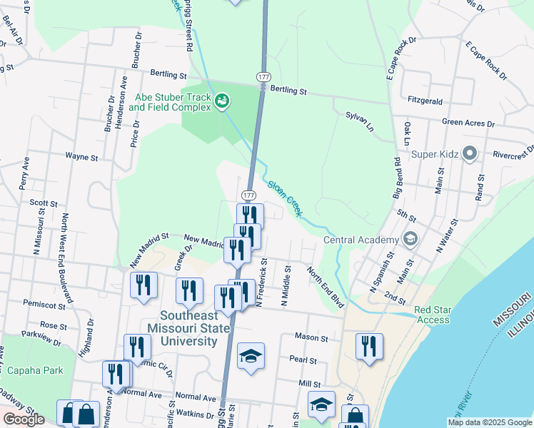 map of restaurants, bars, coffee shops, grocery stores, and more near 25 Village Drive in Cape Girardeau