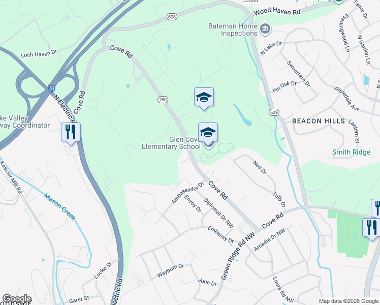 map of restaurants, bars, coffee shops, grocery stores, and more near 5901 Cove Road Northwest in Roanoke