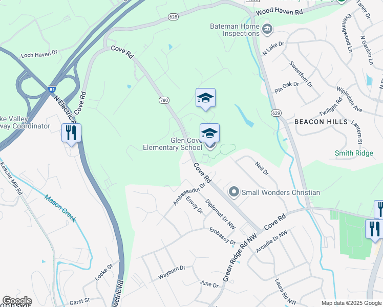 map of restaurants, bars, coffee shops, grocery stores, and more near 5901 Cove Road Northwest in Roanoke