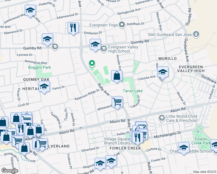 map of restaurants, bars, coffee shops, grocery stores, and more near 3198 Vintage Crest Drive in San Jose