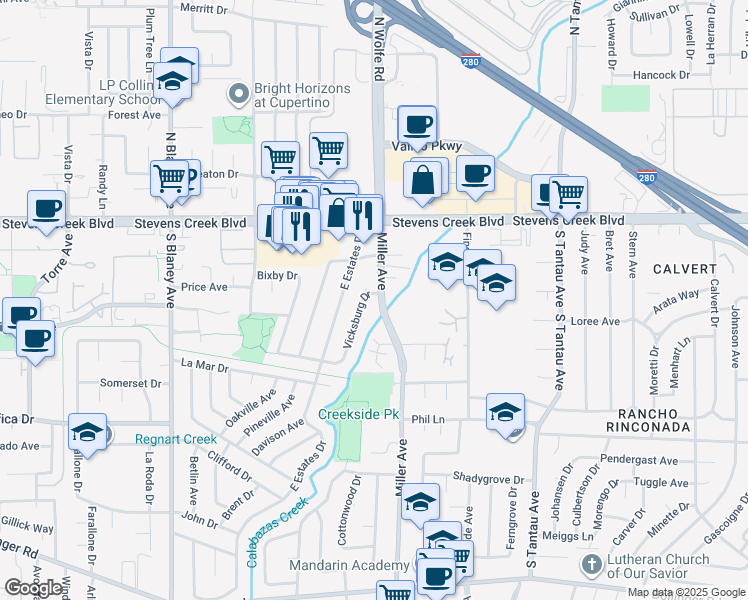 map of restaurants, bars, coffee shops, grocery stores, and more near 10191 Miller Avenue in Cupertino