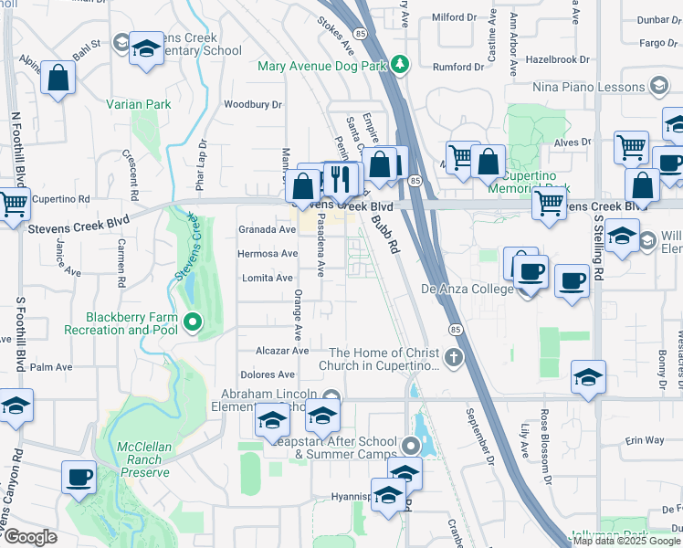 map of restaurants, bars, coffee shops, grocery stores, and more near 21670 Lomita Avenue in Cupertino