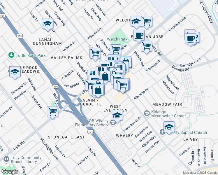map of restaurants, bars, coffee shops, grocery stores, and more near 1661 Burdette Drive in San Jose