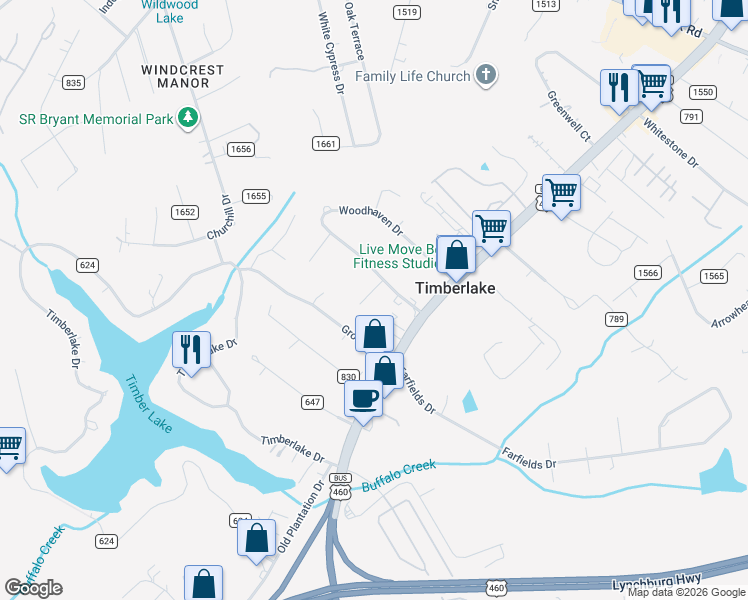 map of restaurants, bars, coffee shops, grocery stores, and more near 64 Maybrook Drive in Lynchburg