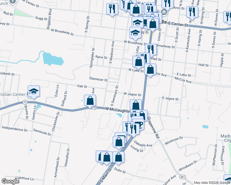 map of restaurants, bars, coffee shops, grocery stores, and more near 600 South Seminary Street in Madisonville