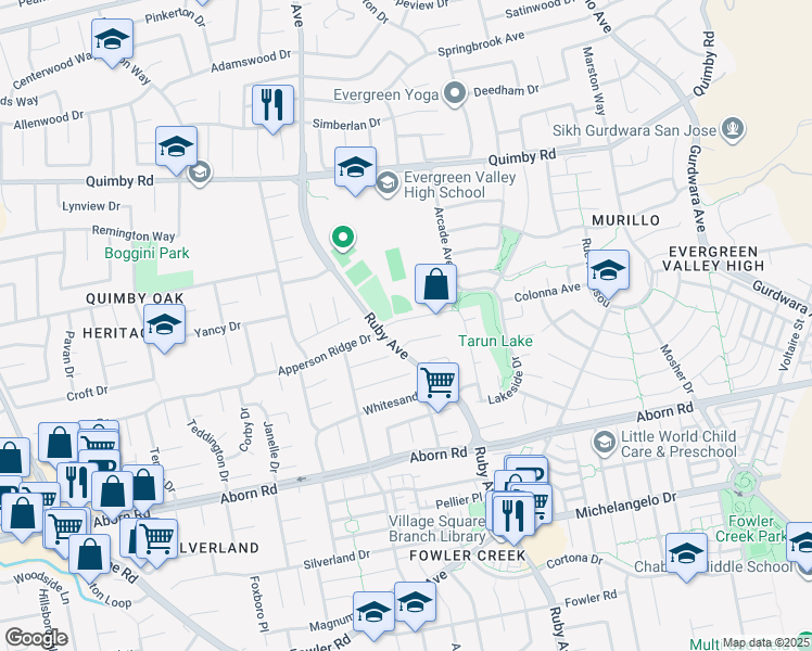 map of restaurants, bars, coffee shops, grocery stores, and more near 3198 Vintage Crest Drive in San Jose