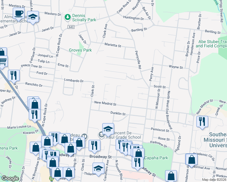 map of restaurants, bars, coffee shops, grocery stores, and more near 1103 Haddock Street in Cape Girardeau