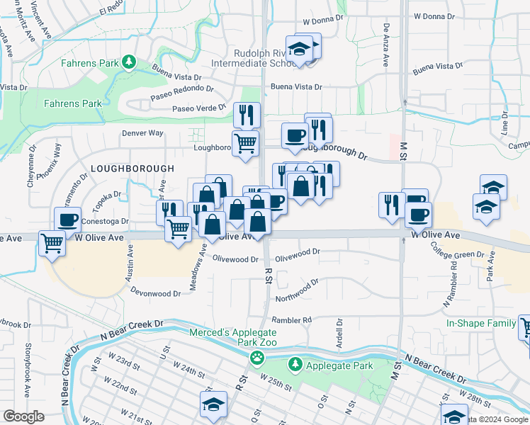 map of restaurants, bars, coffee shops, grocery stores, and more near 3148 R Street in Merced