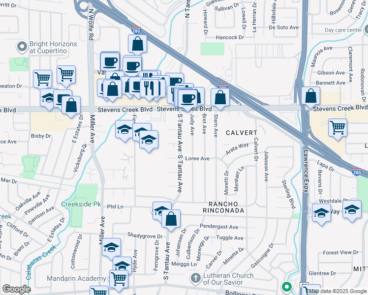 map of restaurants, bars, coffee shops, grocery stores, and more near 10191 Judy Avenue in Cupertino