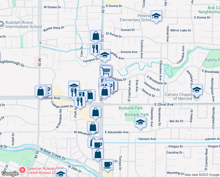 map of restaurants, bars, coffee shops, grocery stores, and more near 200 Seneca Street in Merced