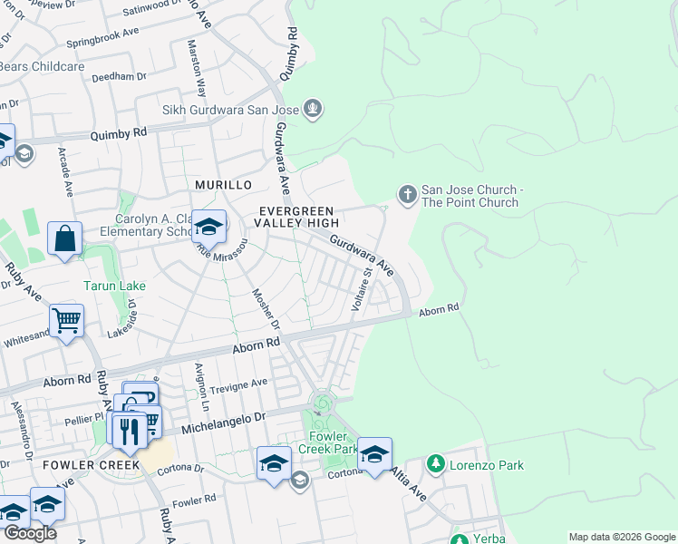 map of restaurants, bars, coffee shops, grocery stores, and more near 4133 Horizon Lane in San Jose