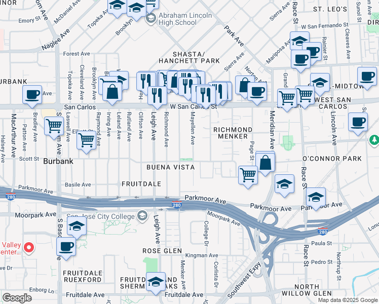 map of restaurants, bars, coffee shops, grocery stores, and more near 494 Menker Avenue in San Jose