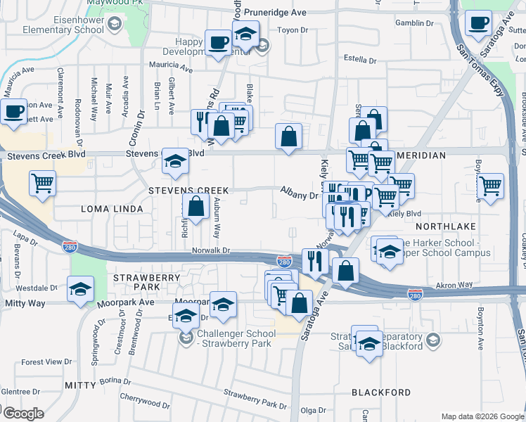 map of restaurants, bars, coffee shops, grocery stores, and more near 4337 Norwalk Drive in San Jose