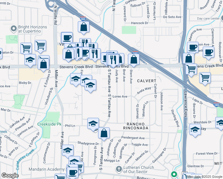 map of restaurants, bars, coffee shops, grocery stores, and more near 10191 Judy Avenue in Cupertino
