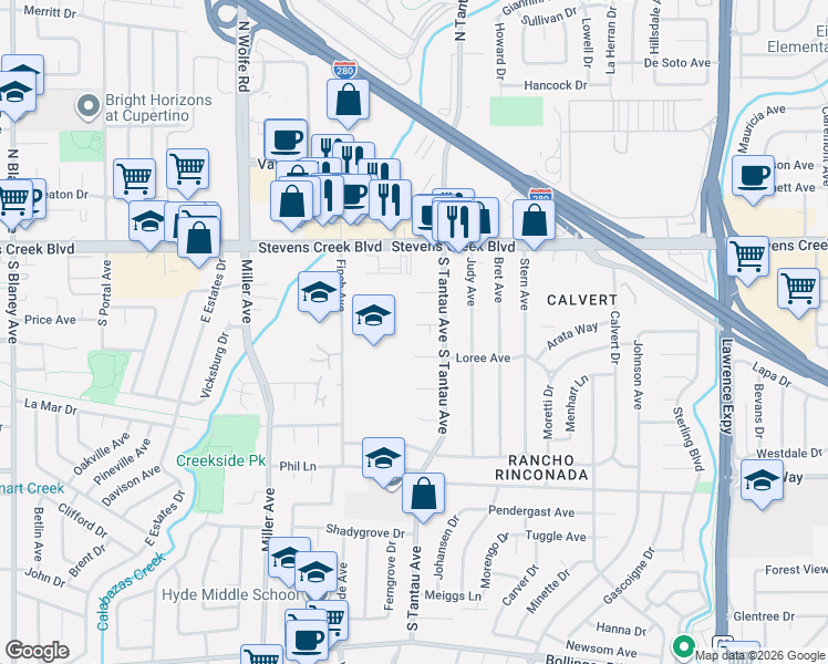 map of restaurants, bars, coffee shops, grocery stores, and more near 10203 South Tantau Avenue in Cupertino