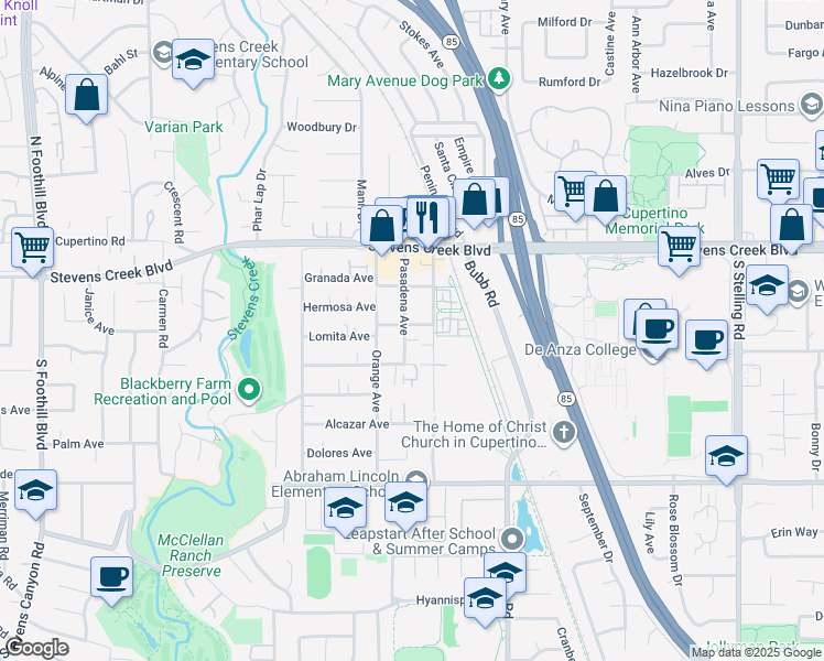 map of restaurants, bars, coffee shops, grocery stores, and more near 10207 Imperial Avenue in Cupertino