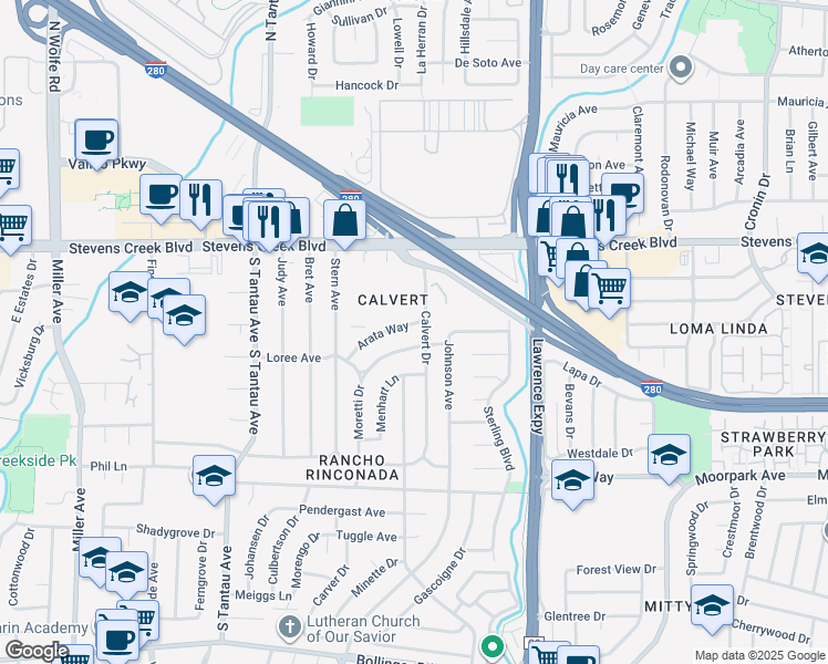 map of restaurants, bars, coffee shops, grocery stores, and more near 18772 Arata Way in Cupertino