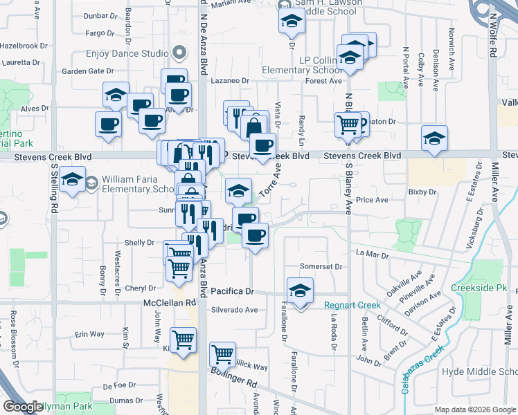 map of restaurants, bars, coffee shops, grocery stores, and more near 10194 Macadam Lane in Cupertino