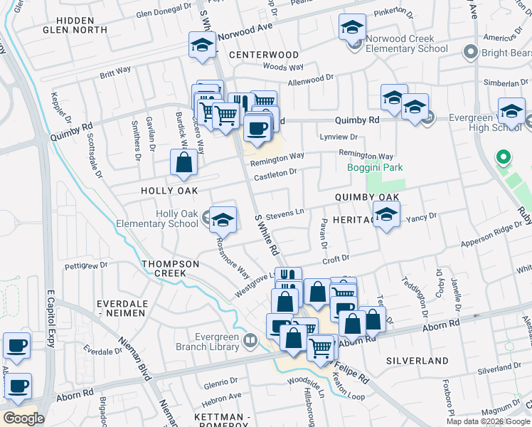 map of restaurants, bars, coffee shops, grocery stores, and more near 2911 Stevens Lane in San Jose