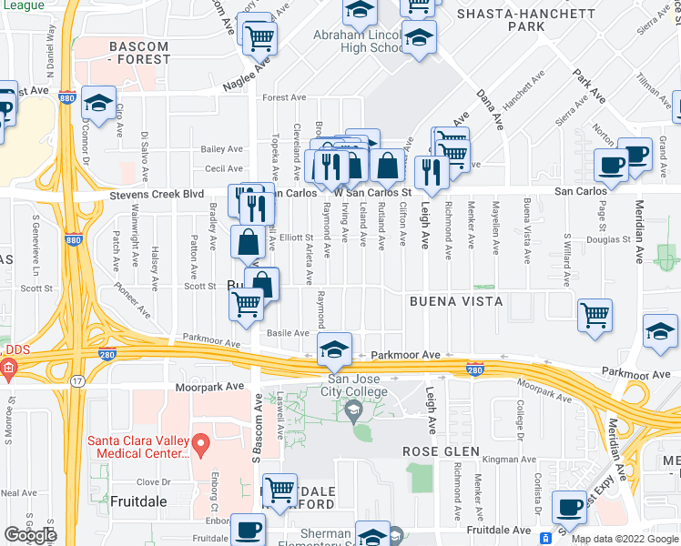 map of restaurants, bars, coffee shops, grocery stores, and more near 498 Irving Avenue in San Jose