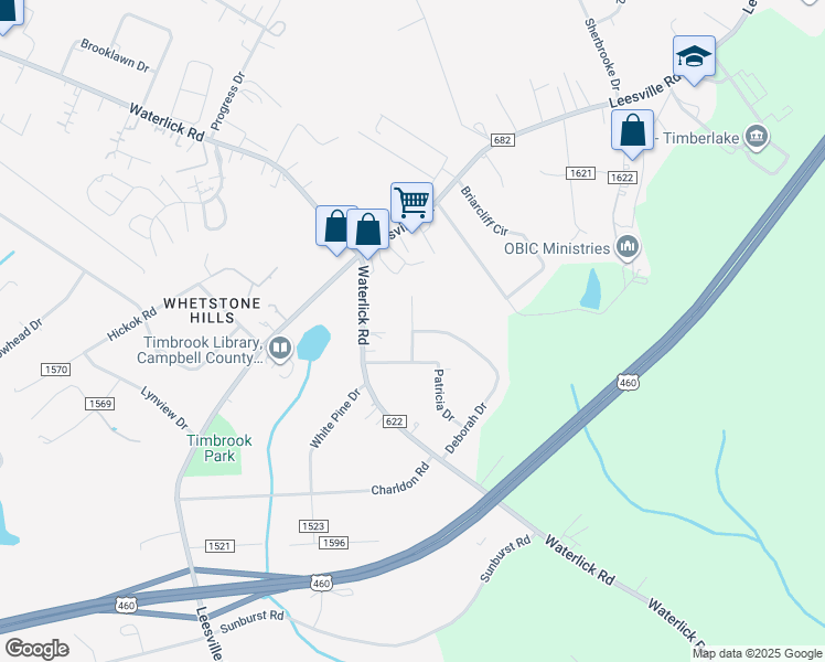 map of restaurants, bars, coffee shops, grocery stores, and more near County Road 1579 in Lynchburg