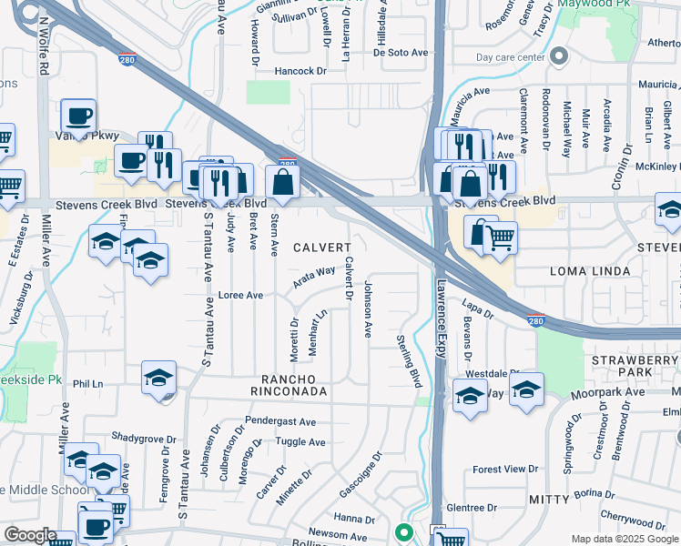 map of restaurants, bars, coffee shops, grocery stores, and more near 18772 Arata Way in Cupertino
