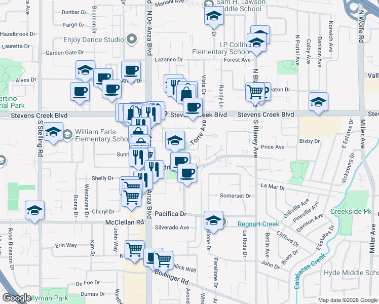 map of restaurants, bars, coffee shops, grocery stores, and more near 10194 Macadam Lane in Cupertino