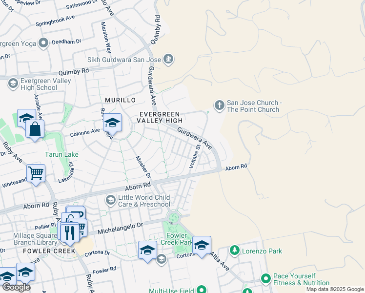 map of restaurants, bars, coffee shops, grocery stores, and more near 4121 Horizon Lane in San Jose