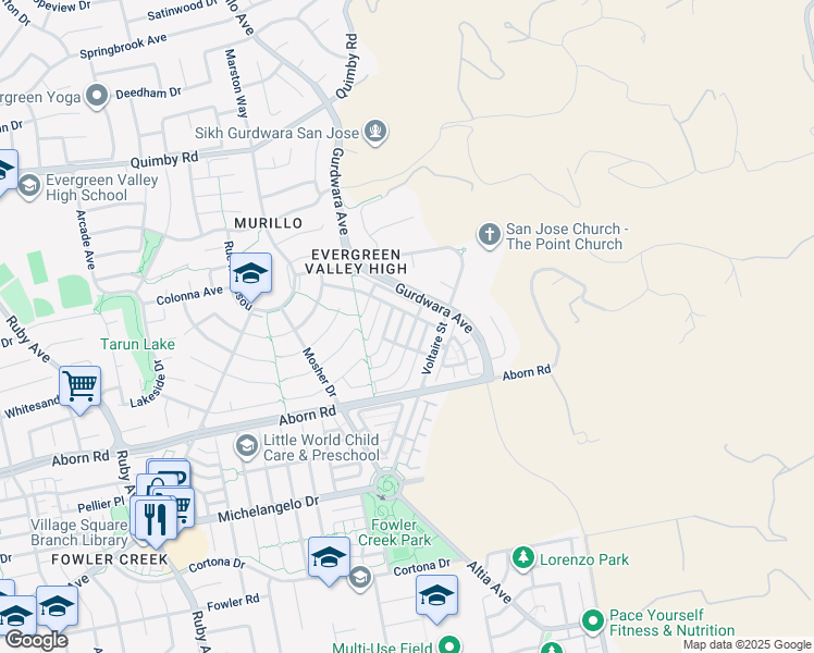 map of restaurants, bars, coffee shops, grocery stores, and more near 4121 Horizon Lane in San Jose