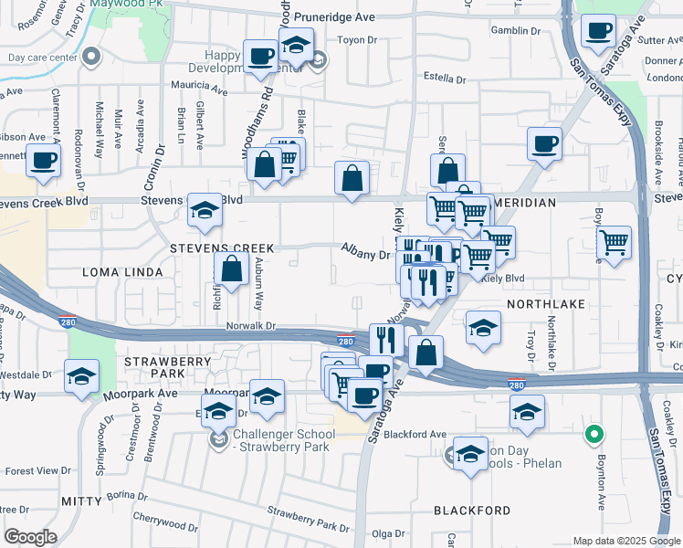 map of restaurants, bars, coffee shops, grocery stores, and more near 4260 Albany Dr in San Jose