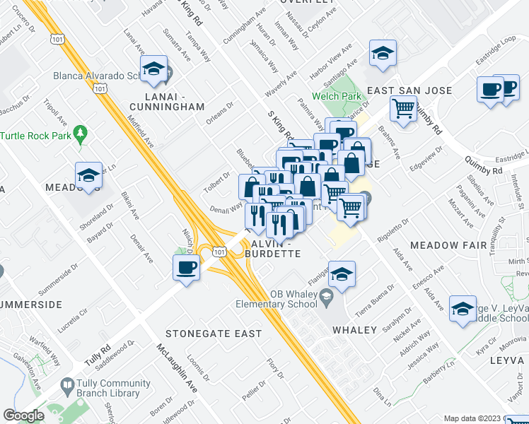map of restaurants, bars, coffee shops, grocery stores, and more near Tully Rd & Lanai Ave in San Jose