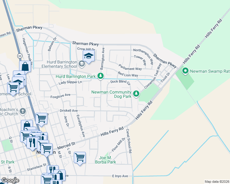 map of restaurants, bars, coffee shops, grocery stores, and more near 1110 Ruddy Court in Newman