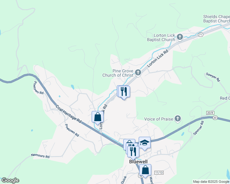 map of restaurants, bars, coffee shops, grocery stores, and more near 449 Lorton Lick Road in Bluefield