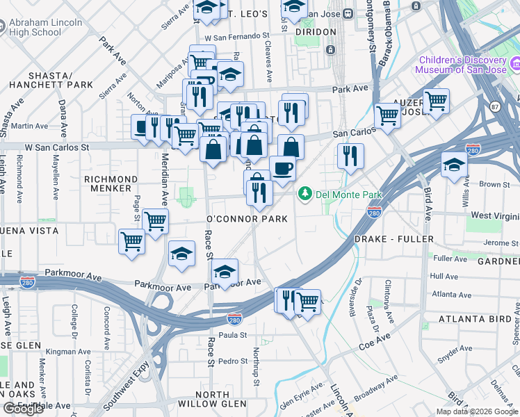 map of restaurants, bars, coffee shops, grocery stores, and more near 460 Lincoln Avenue in San Jose