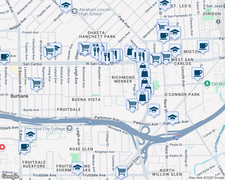 map of restaurants, bars, coffee shops, grocery stores, and more near 1545 Scott Street in San Jose