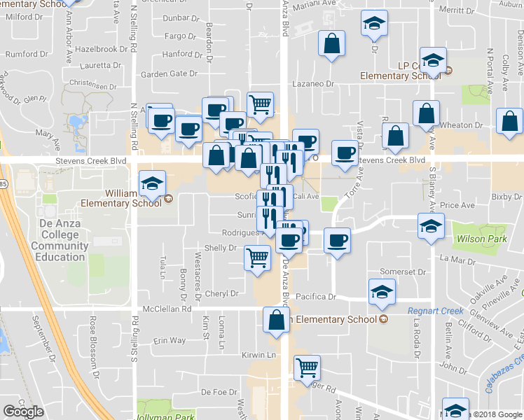map of restaurants, bars, coffee shops, grocery stores, and more near 20571 Sunrise Drive in Cupertino