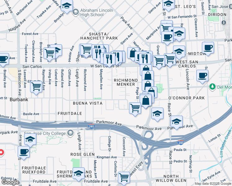 map of restaurants, bars, coffee shops, grocery stores, and more near 1545 Scott Street in San Jose