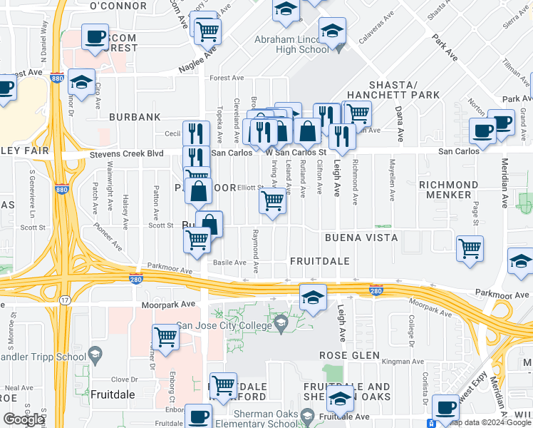 map of restaurants, bars, coffee shops, grocery stores, and more near 498 Irving Avenue in San Jose