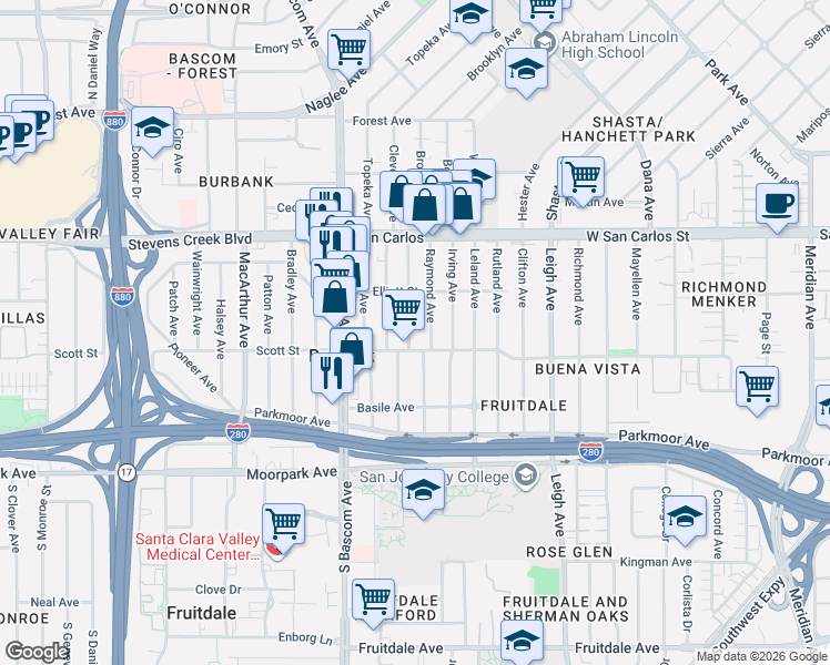 map of restaurants, bars, coffee shops, grocery stores, and more near 496 Arleta Avenue in San Jose