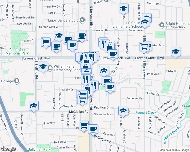 map of restaurants, bars, coffee shops, grocery stores, and more near 10210 Torre Avenue in Cupertino