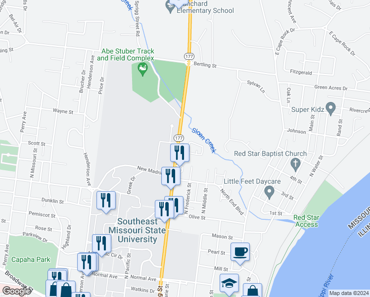map of restaurants, bars, coffee shops, grocery stores, and more near 1324 North Sprigg Street in Cape Girardeau