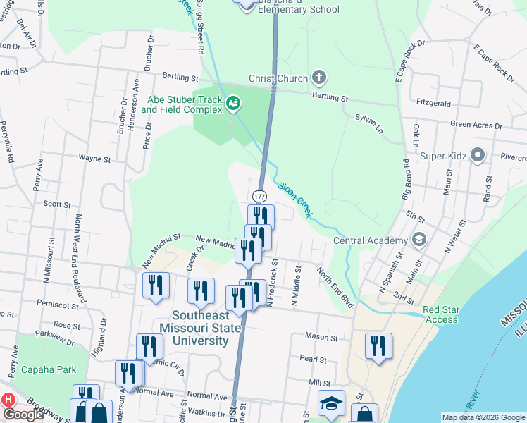 map of restaurants, bars, coffee shops, grocery stores, and more near 1324 North Sprigg Street in Cape Girardeau