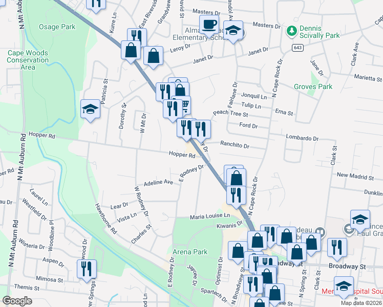 map of restaurants, bars, coffee shops, grocery stores, and more near 2601 Hopper Road in Cape Girardeau